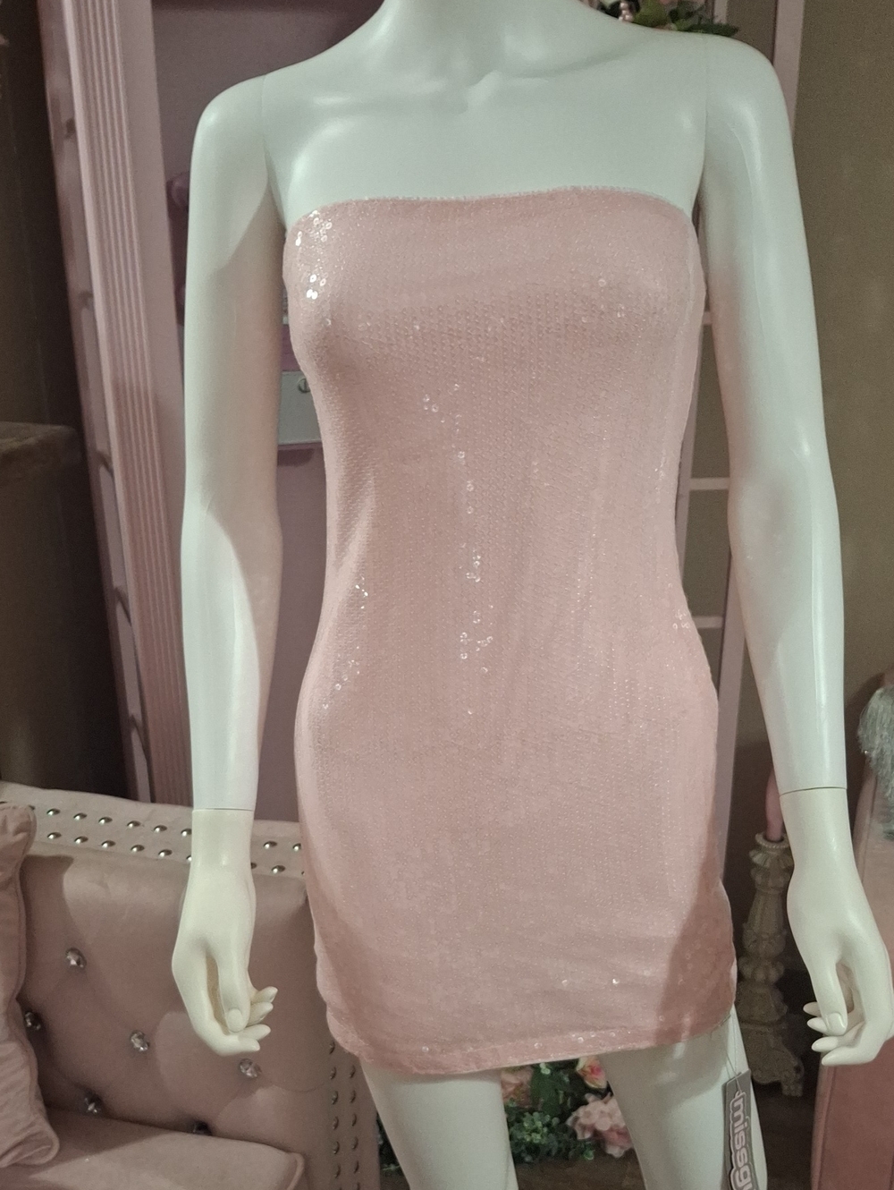 Strapless Sequin Bodycon Dress - Blush Pink         NWT   Size S